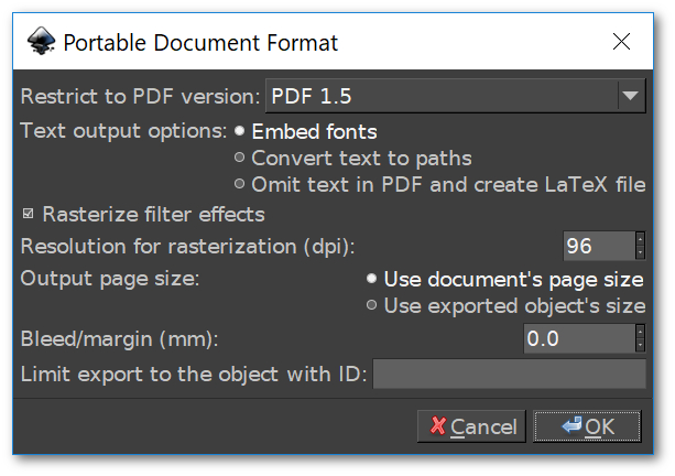 PDF save menu in Inkscape