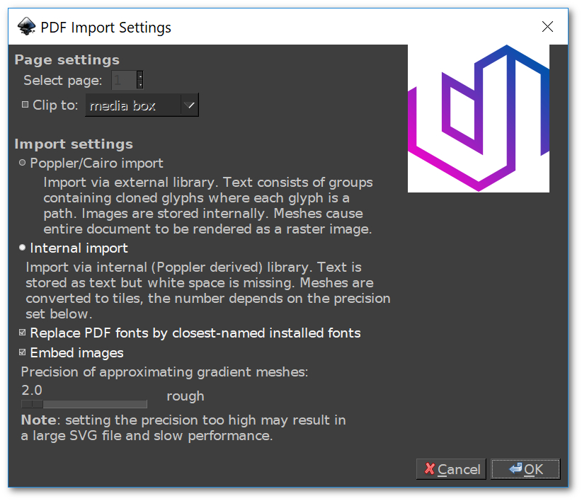 Inkscape menu for importing PDF documents