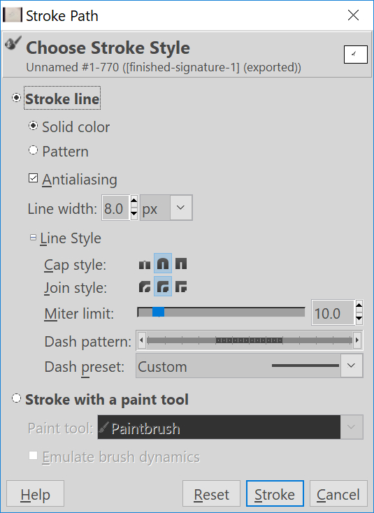 Stroke Path menu in GIMP