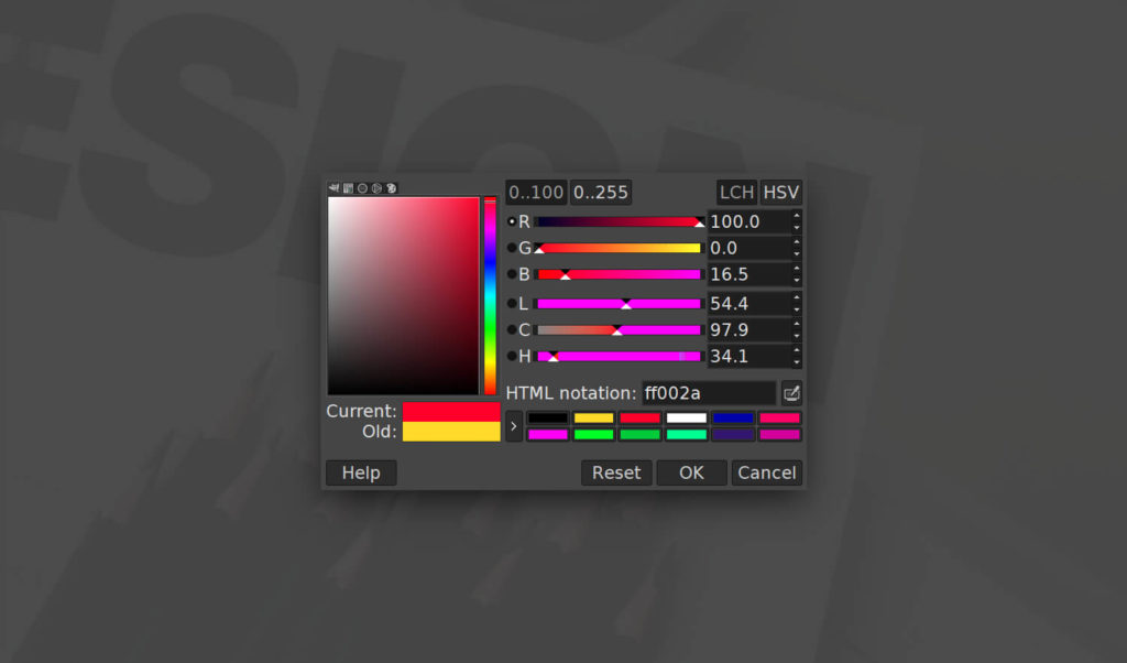 GIMP color menu opens off screen