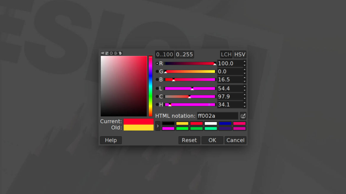 GIMP color menu opens off screen