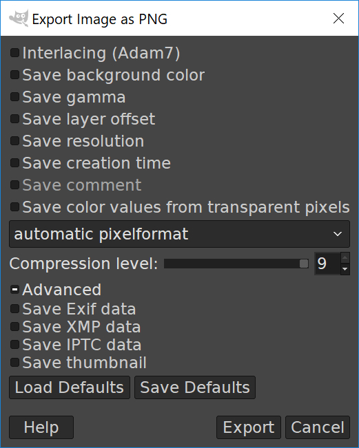 The export menu in GIMP