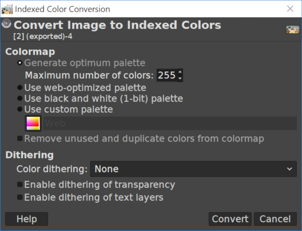 Index color conversion menu