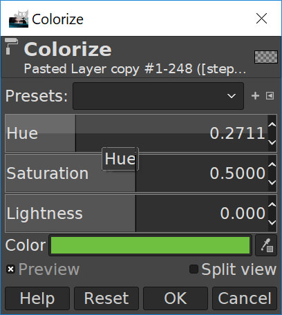 GIMP colorize menu