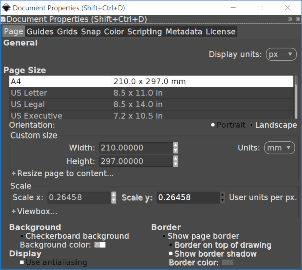 Inkscape document properties window