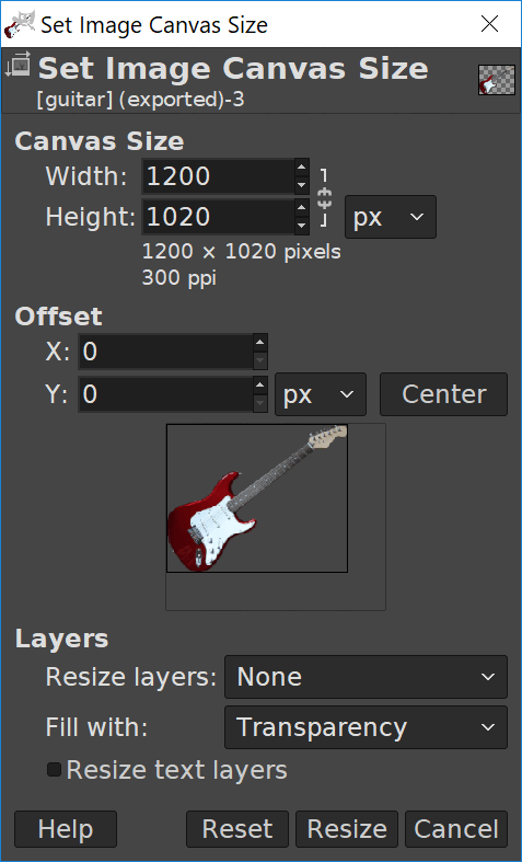 Canvas Size setting in GIMP