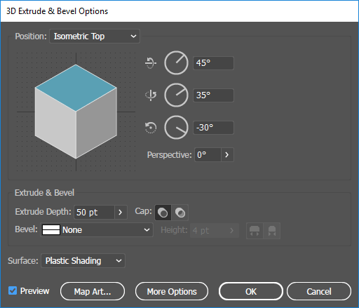 The extrude and bevel menu in Illustrator