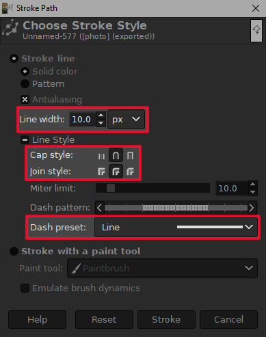 Stroke path menu in GIMP