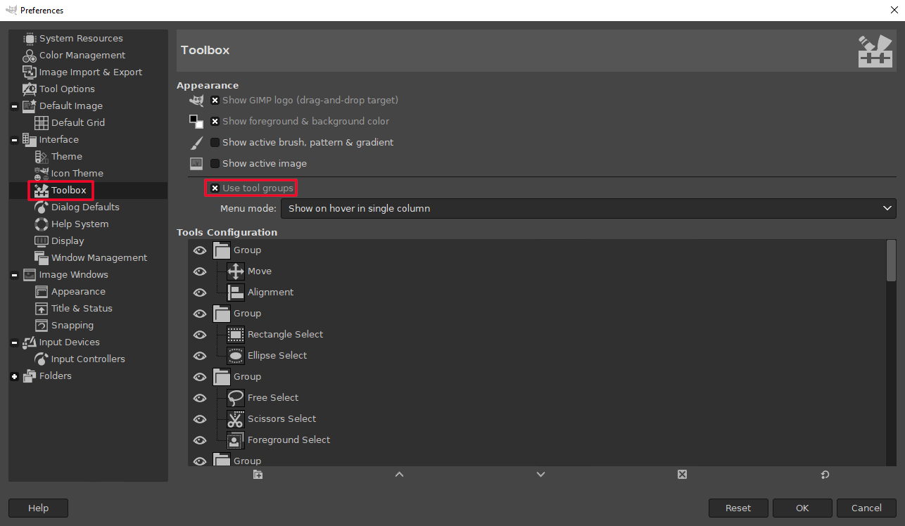 GIMP Preferences menu