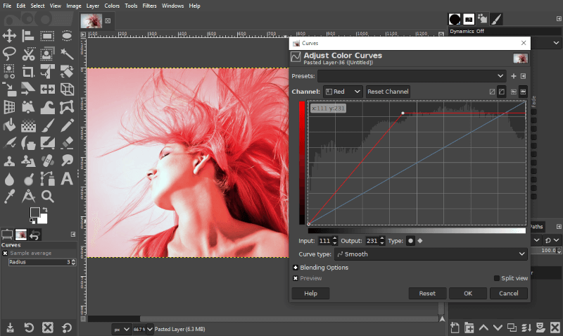 Adjusting the color curves in GIMP