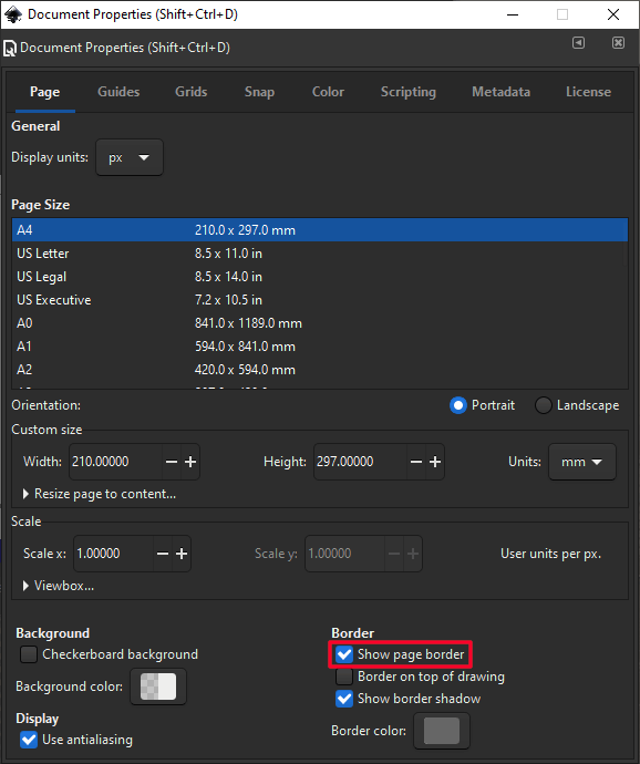 The document properties menu in Inkscape