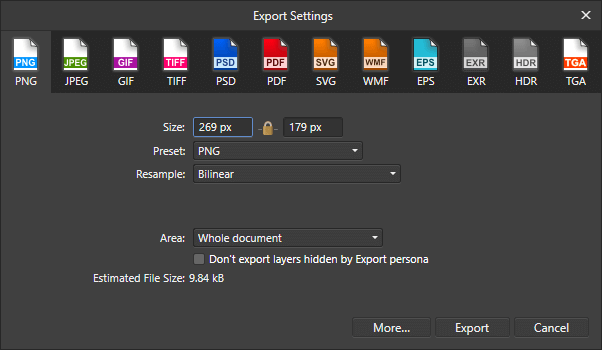 The Export menu