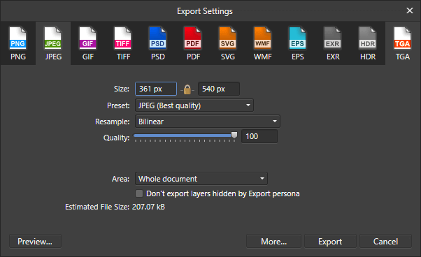 Affinity Designer export menu