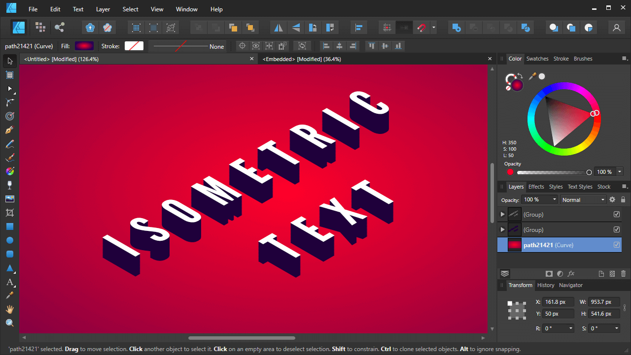 Finished isometric text