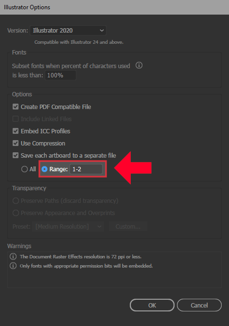 Artboard numerical range to be saved