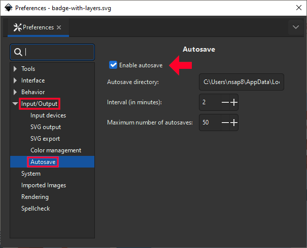 Inkscape Preferences autosave menu