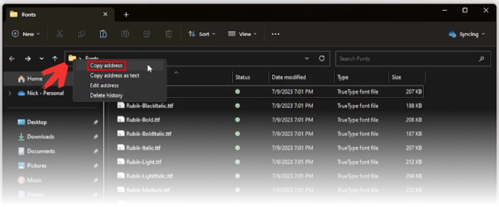 Copying the address in Windows